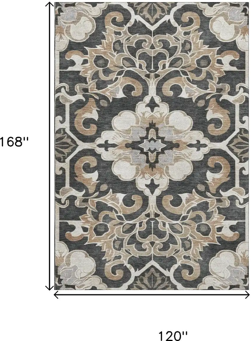 Charcoal Taupe And Ivory Floral Medallion Washable Area Rug With UV Protection Photo 9