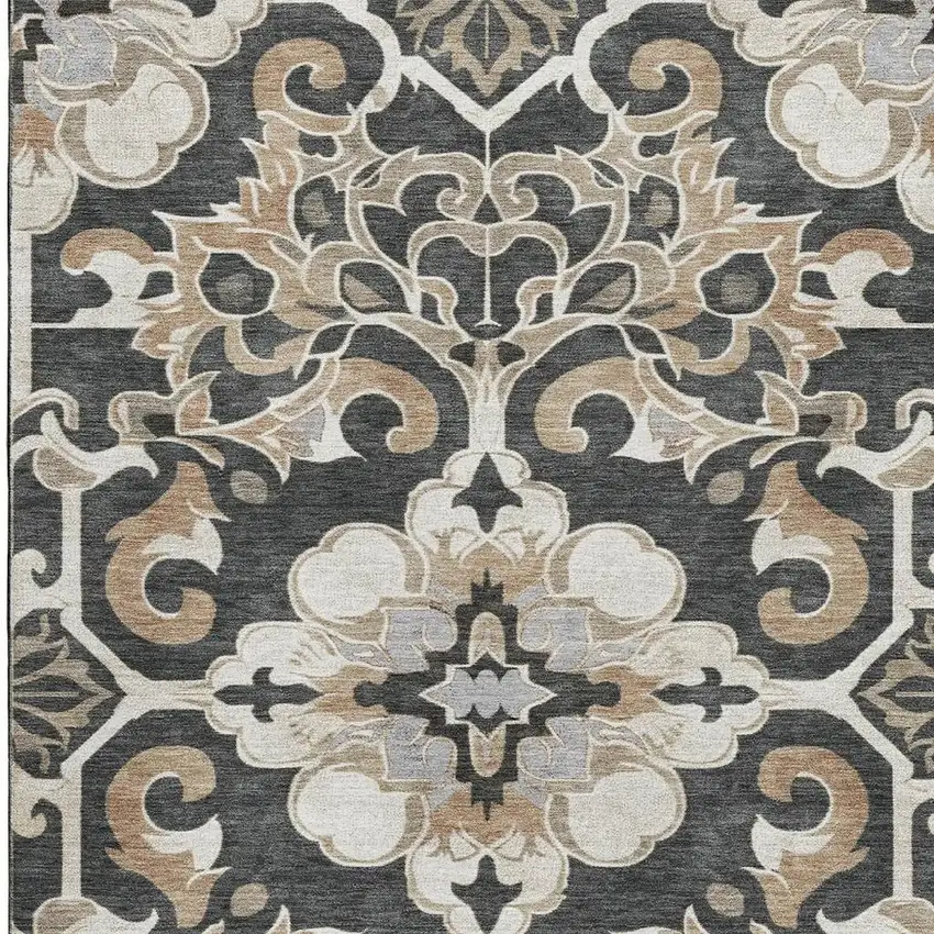 Charcoal Taupe And Ivory Floral Medallion Washable Area Rug With UV Protection Photo 3
