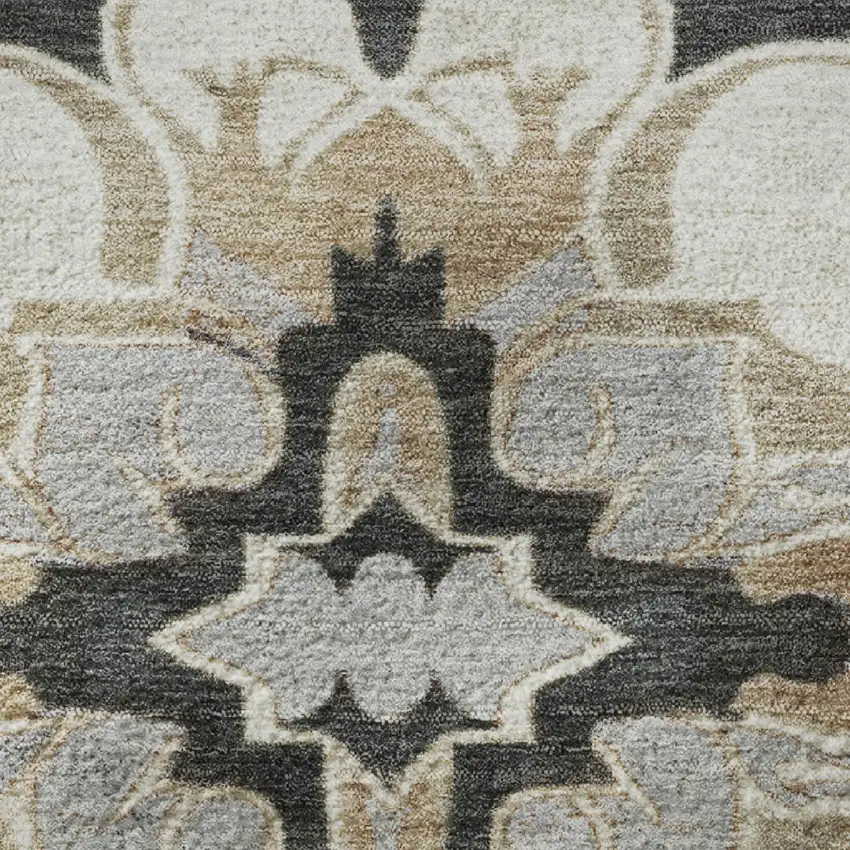 Charcoal Taupe And Ivory Floral Medallion Washable Area Rug With UV Protection Photo 8