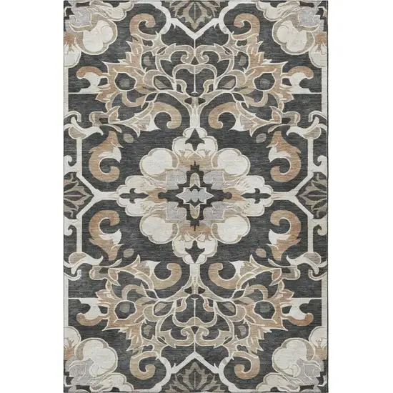 Charcoal Taupe And Ivory Floral Medallion Washable Area Rug With UV Protection Photo 4