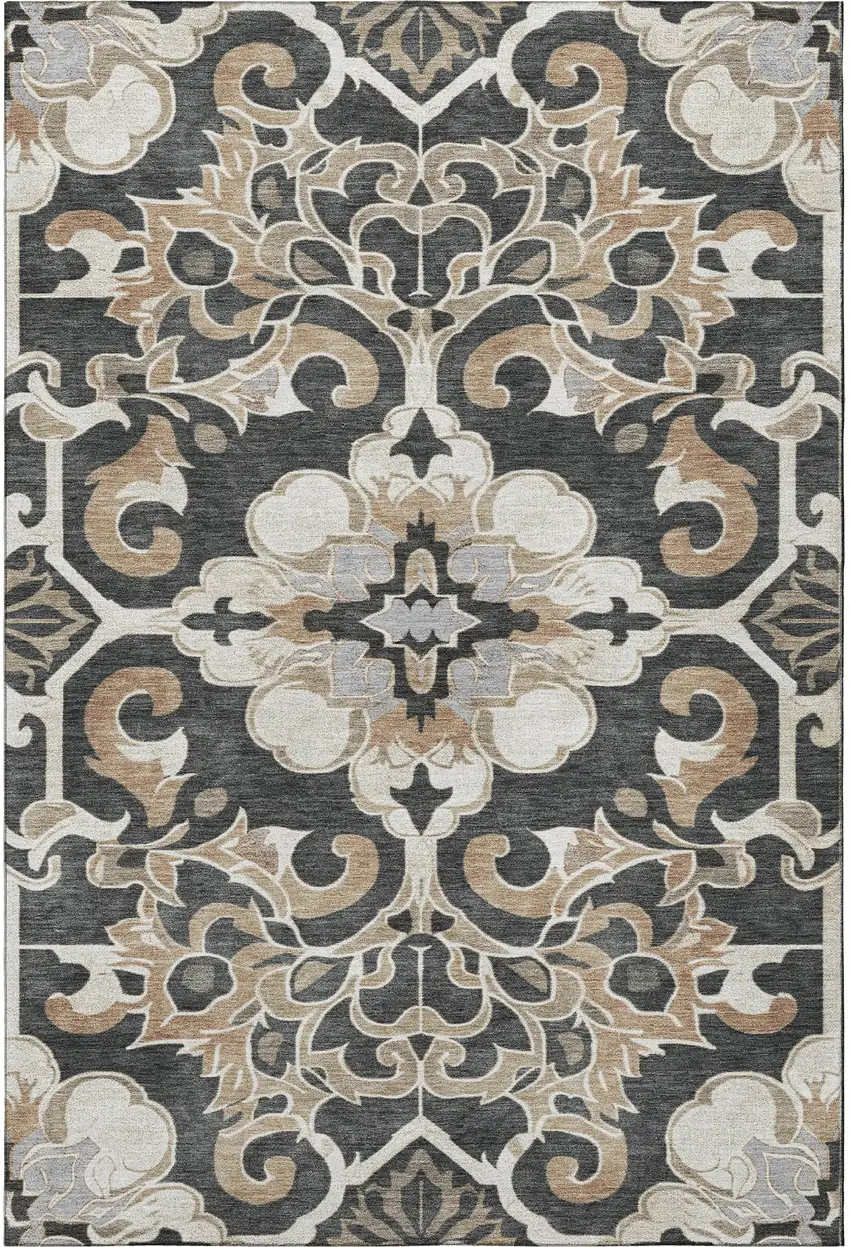 Charcoal Taupe And Ivory Floral Medallion Washable Area Rug With UV Protection Photo 4