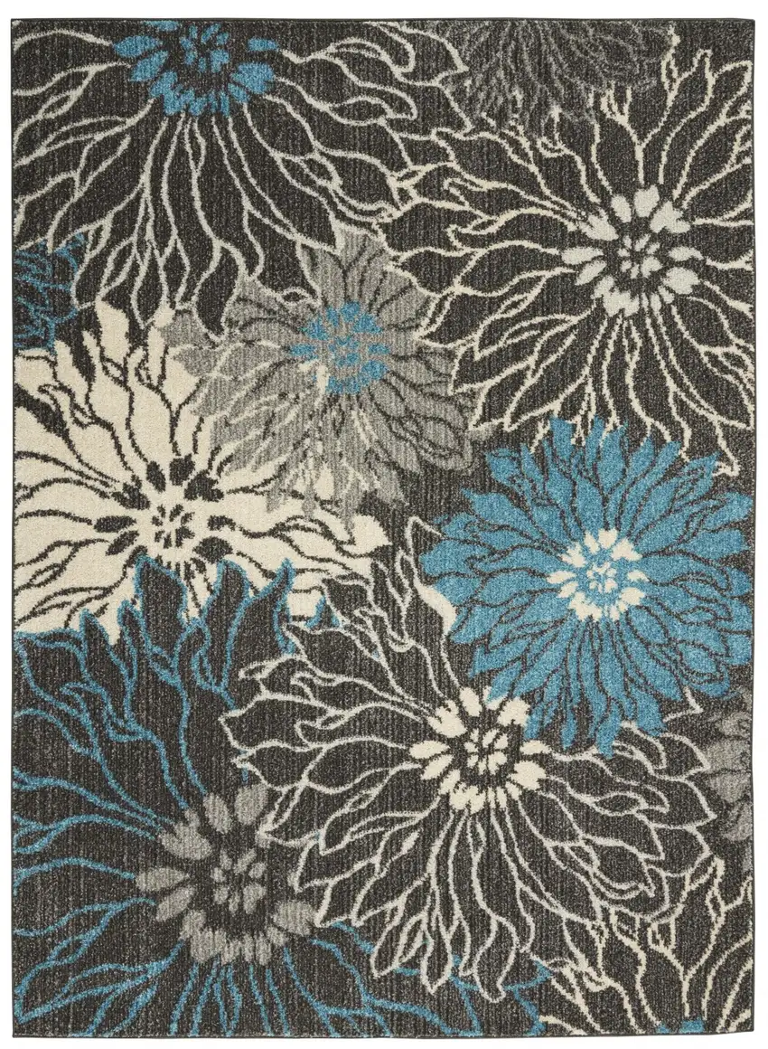 Charcoal and Blue Big Flower Area Rug Photo 1