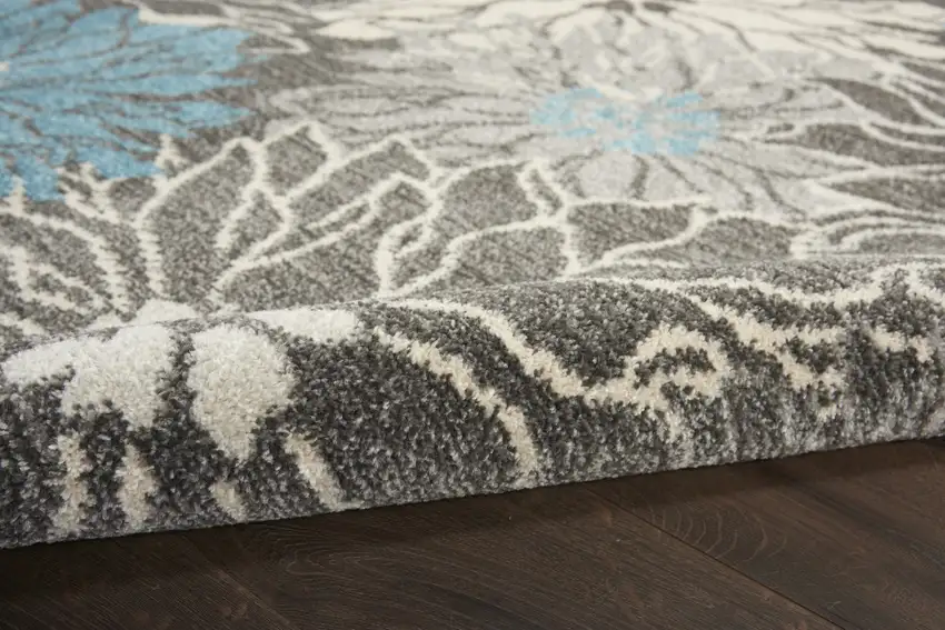 Charcoal and Blue Big Flower Area Rug Photo 3