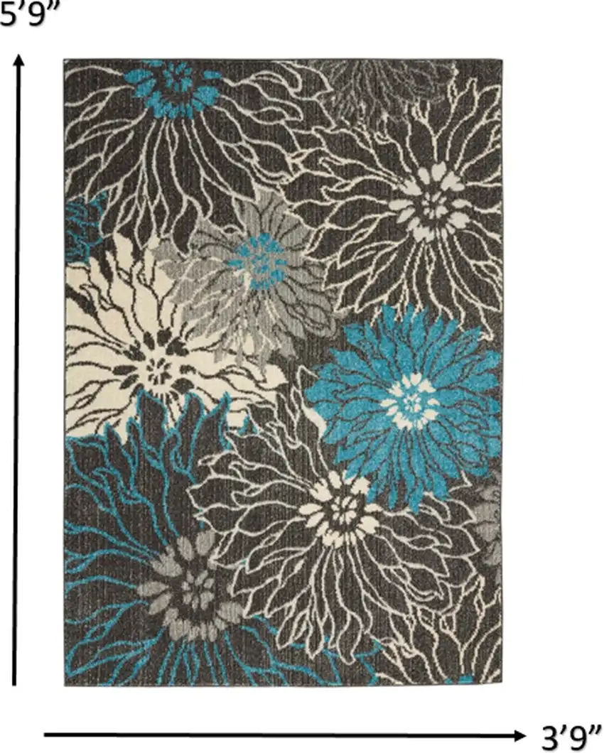 Charcoal and Blue Big Flower Area Rug Photo 5