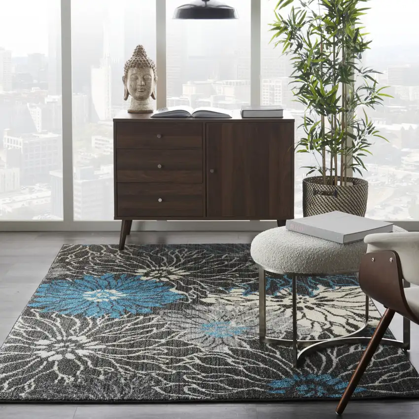Blue And Gray Floral Area Rug Photo 5