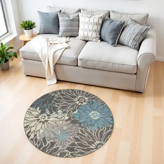 4' Blue And Gray Floral Round Rug Photo 2