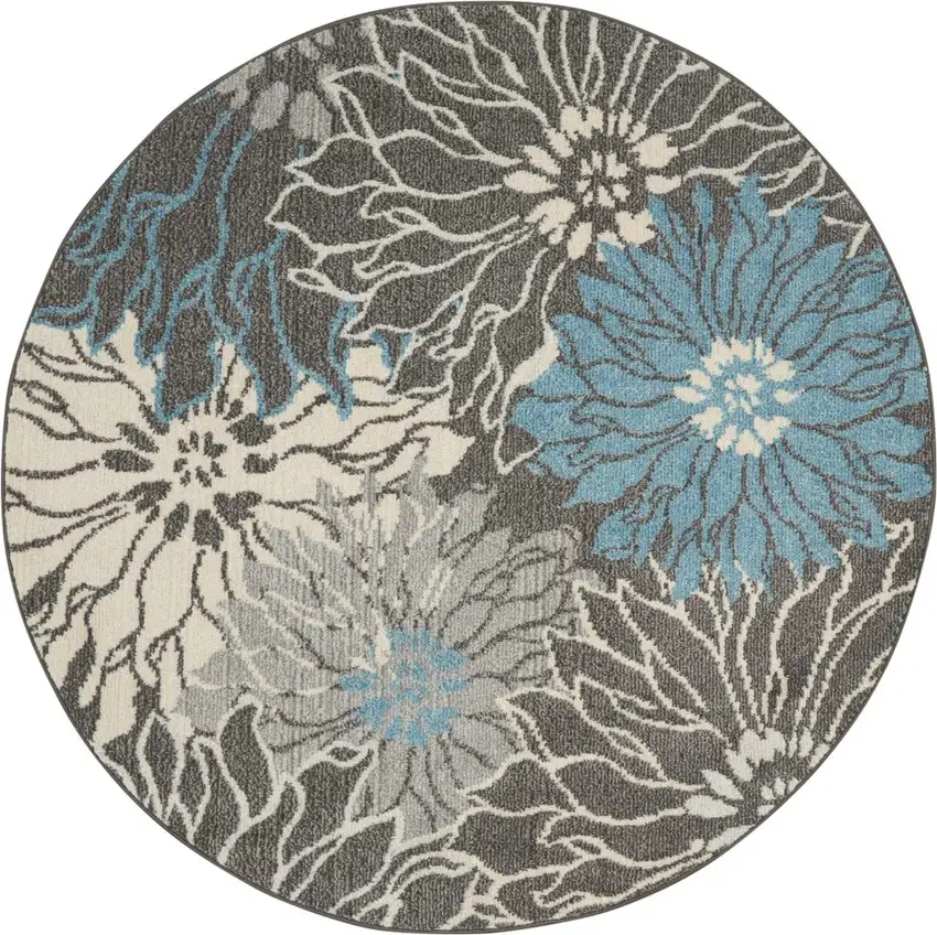 Charcoal and Blue Big Flower Area Rug Photo 9