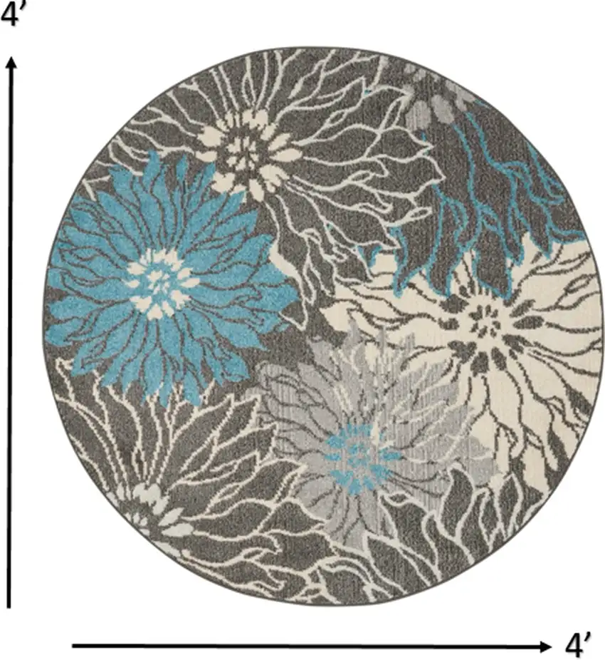 Charcoal and Blue Big Flower Area Rug Photo 5