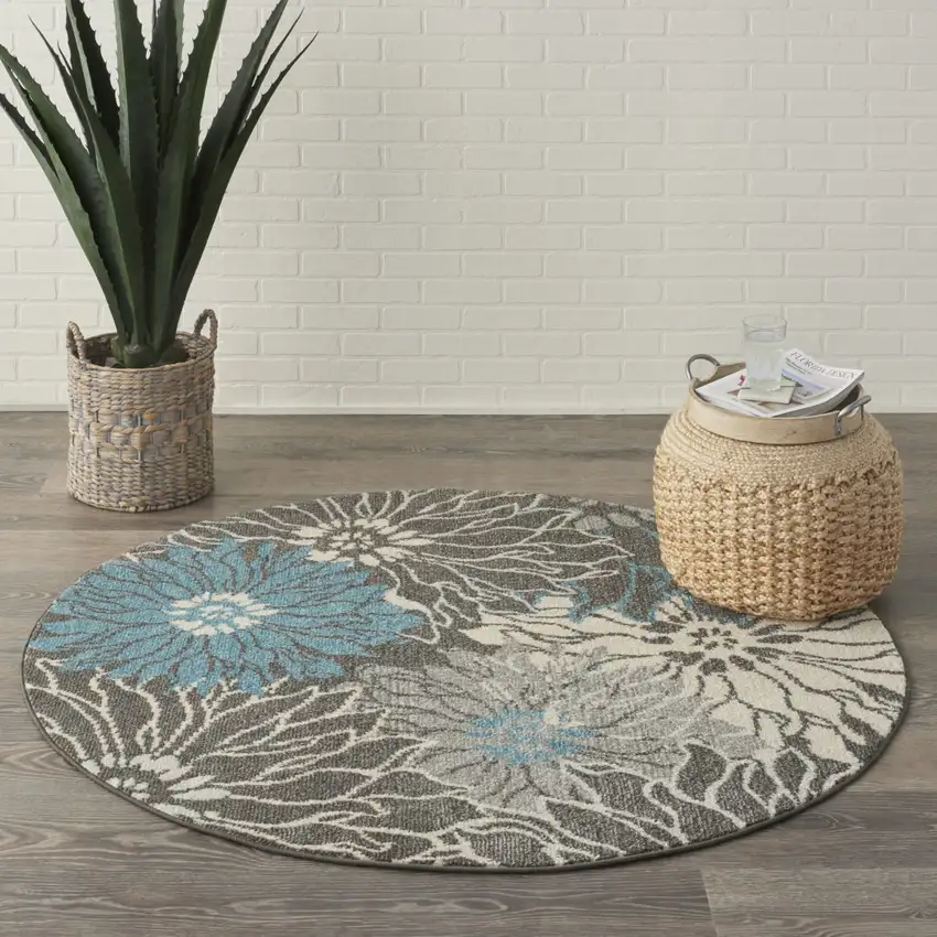 4' Blue And Gray Floral Round Rug Photo 5
