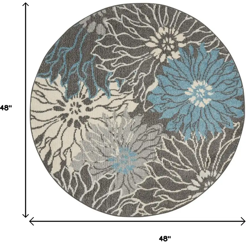 4' Blue And Gray Floral Round Rug Photo 6