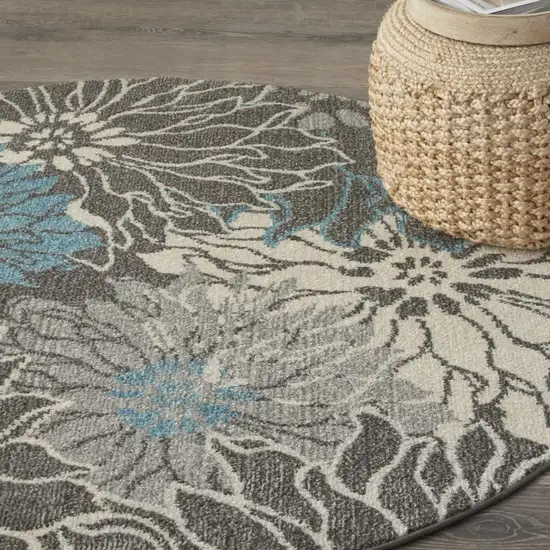 4' Blue And Gray Floral Round Rug Photo 8