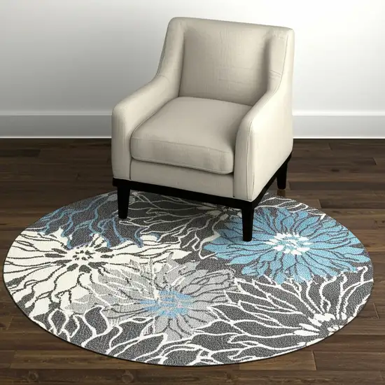4' Blue And Gray Floral Round Rug Photo 2