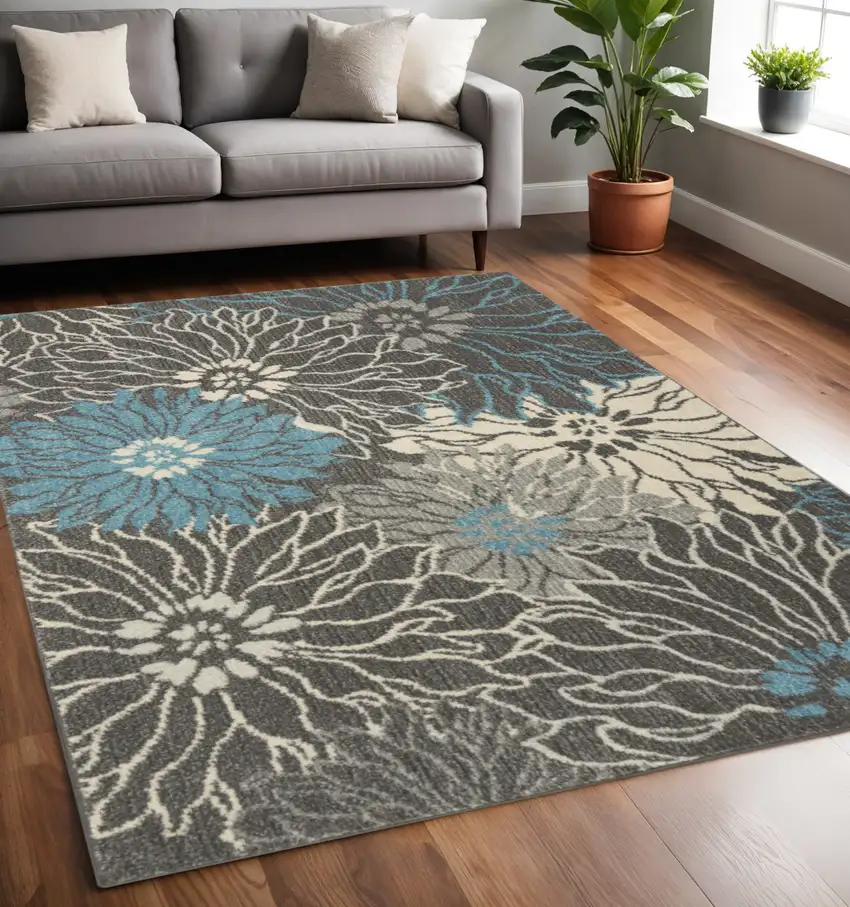 Blue And Gray Floral Area Rug Photo 2