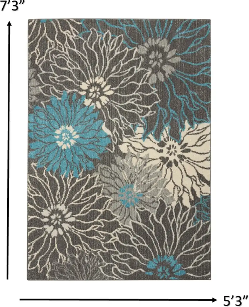 Charcoal and Blue Big Flower Area Rug Photo 5