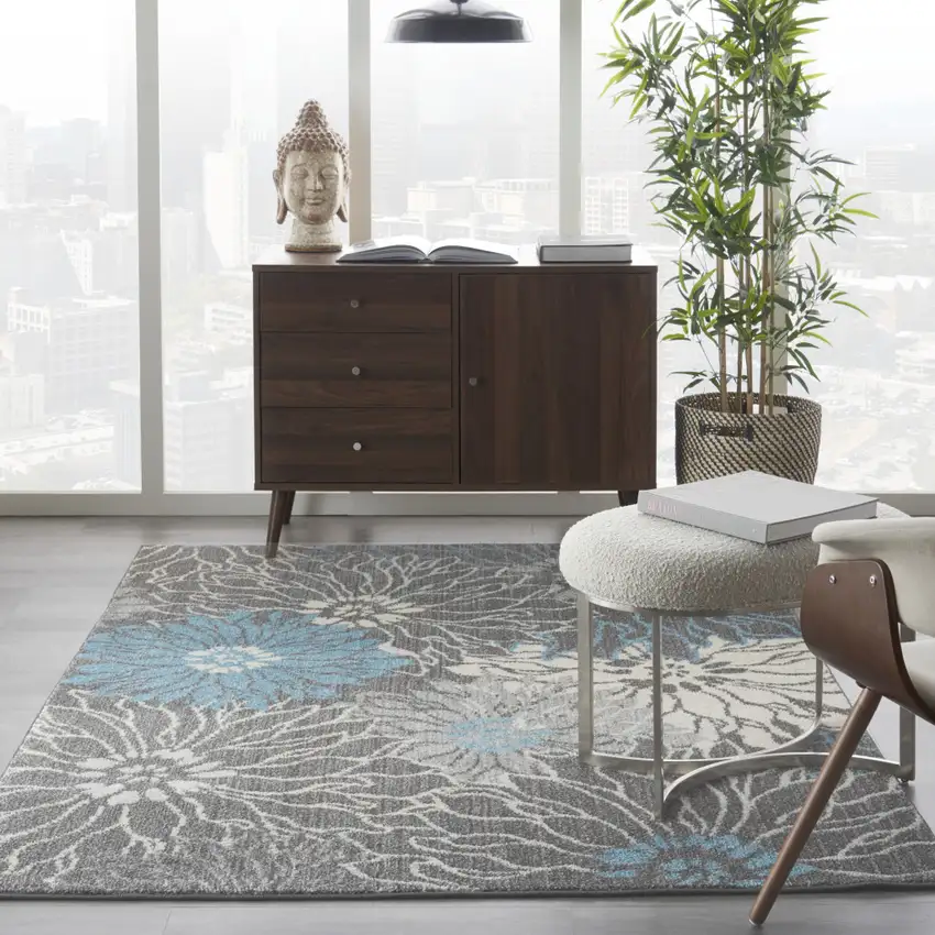 Blue And Gray Floral Area Rug Photo 4