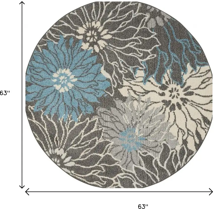 5' Blue And Gray Floral Round Rug Photo 6