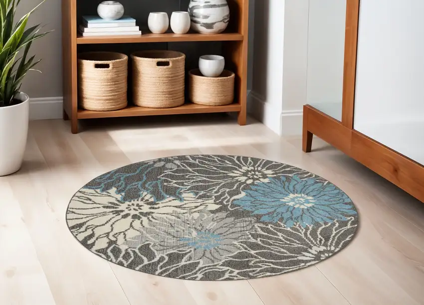 5' Blue And Gray Floral Round Rug Photo 2
