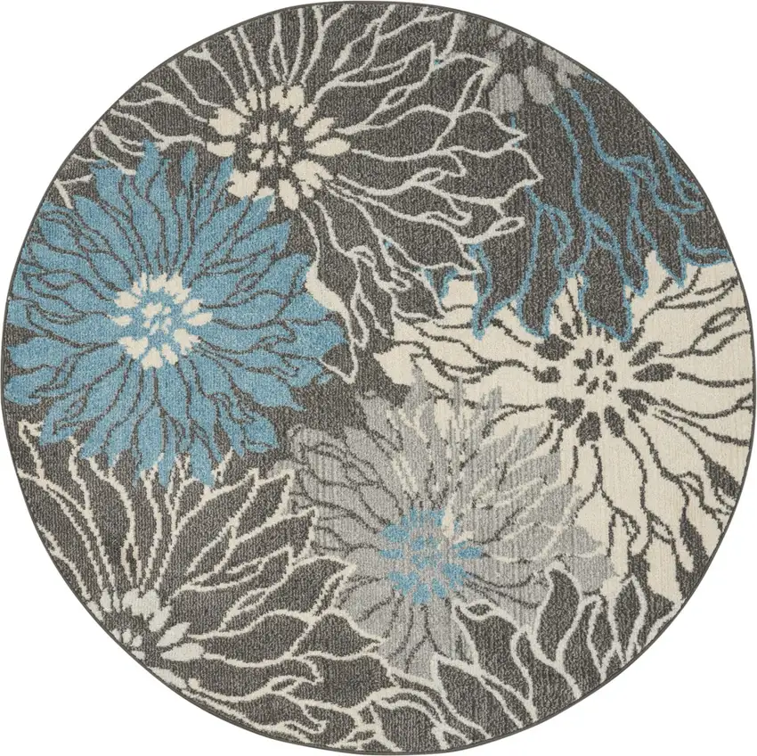 5' Blue And Gray Floral Round Rug Photo 4