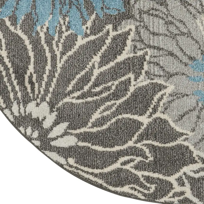 5' Blue And Gray Floral Round Rug Photo 9