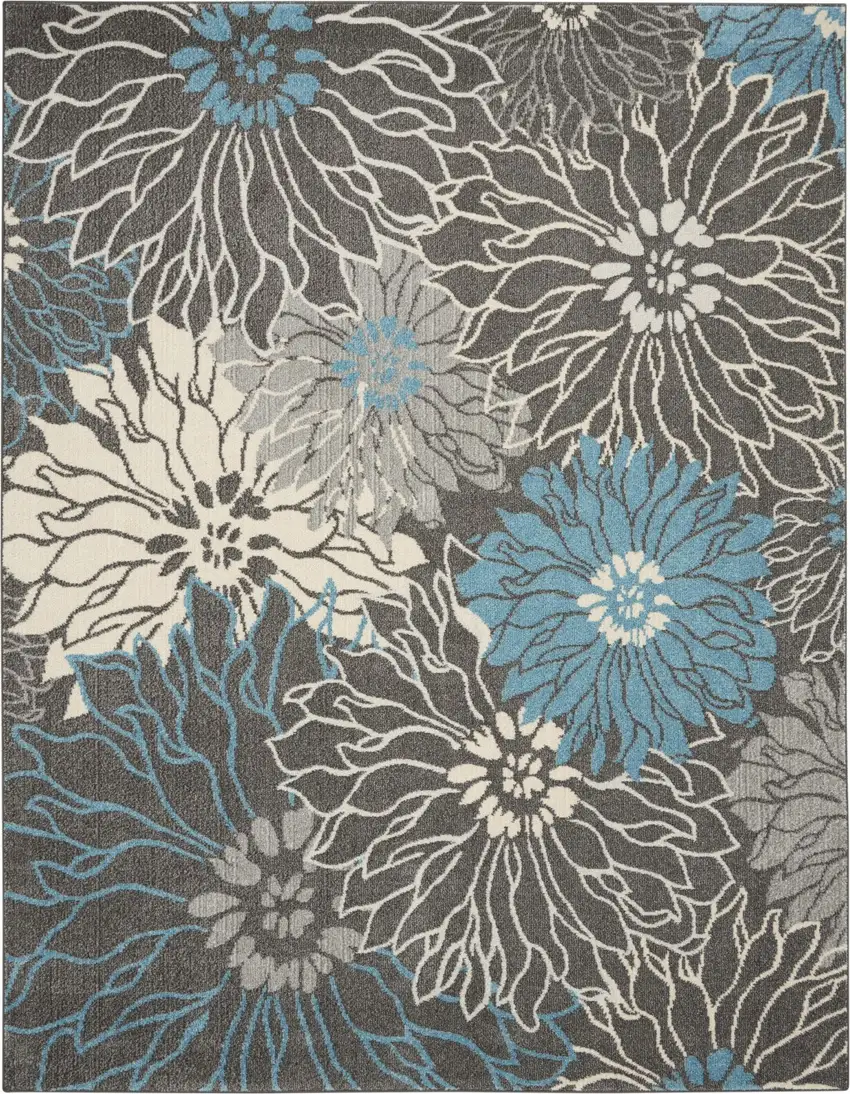 Charcoal and Blue Big Flower Area Rug Photo 1