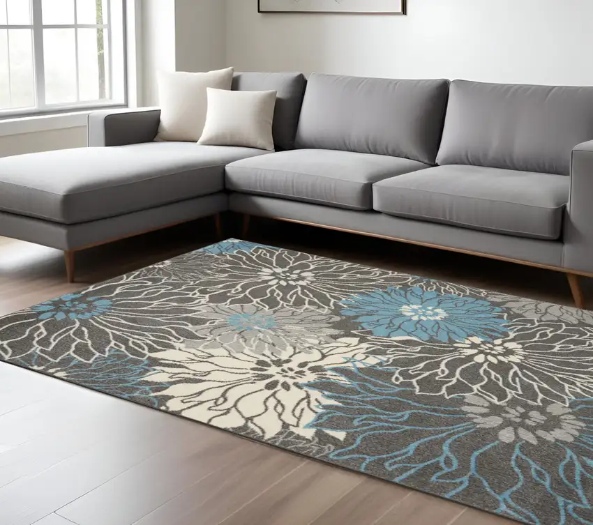 Blue And Gray Floral Area Rug Photo 2