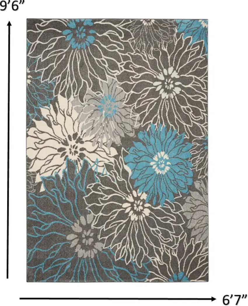 Charcoal and Blue Big Flower Area Rug Photo 5