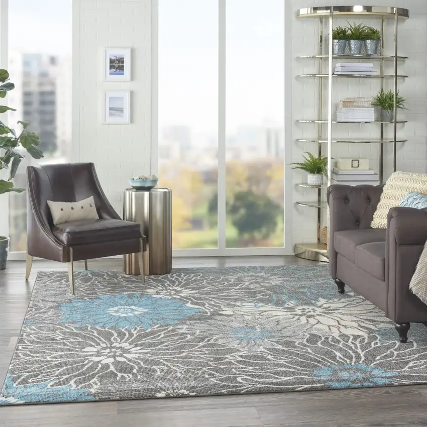 Charcoal and Blue Big Flower Area Rug Photo 7