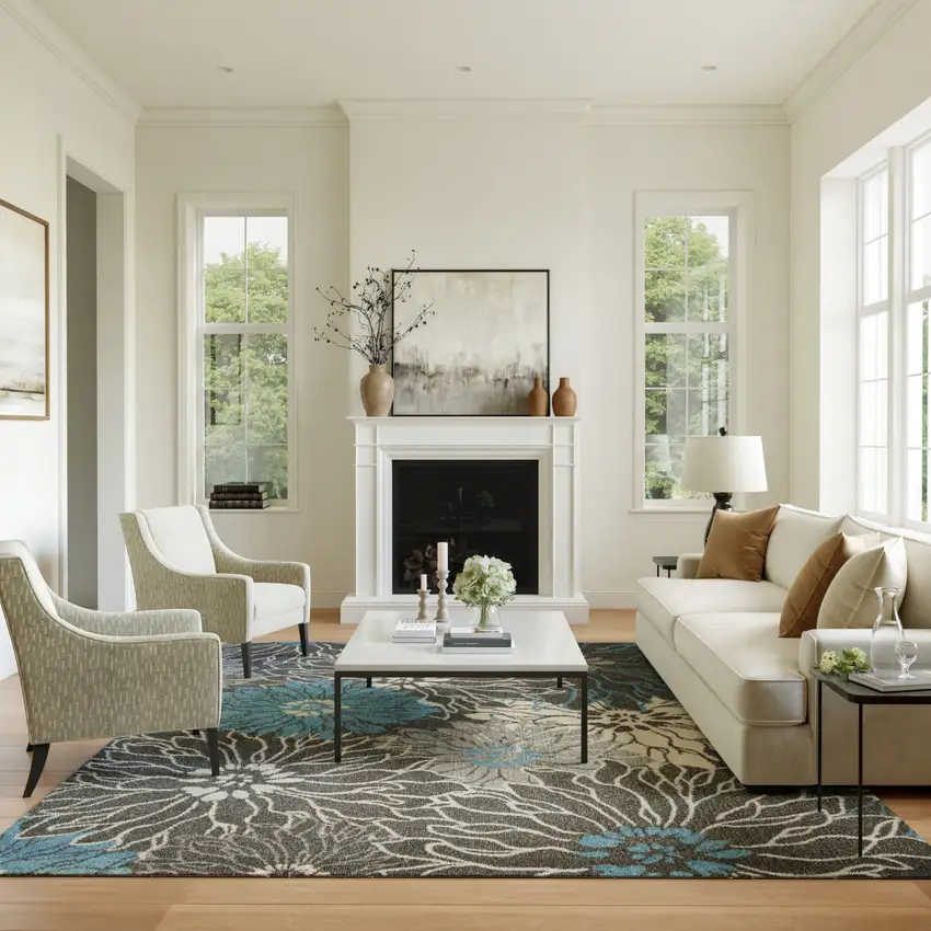 Blue And Gray Floral Area Rug Photo 4