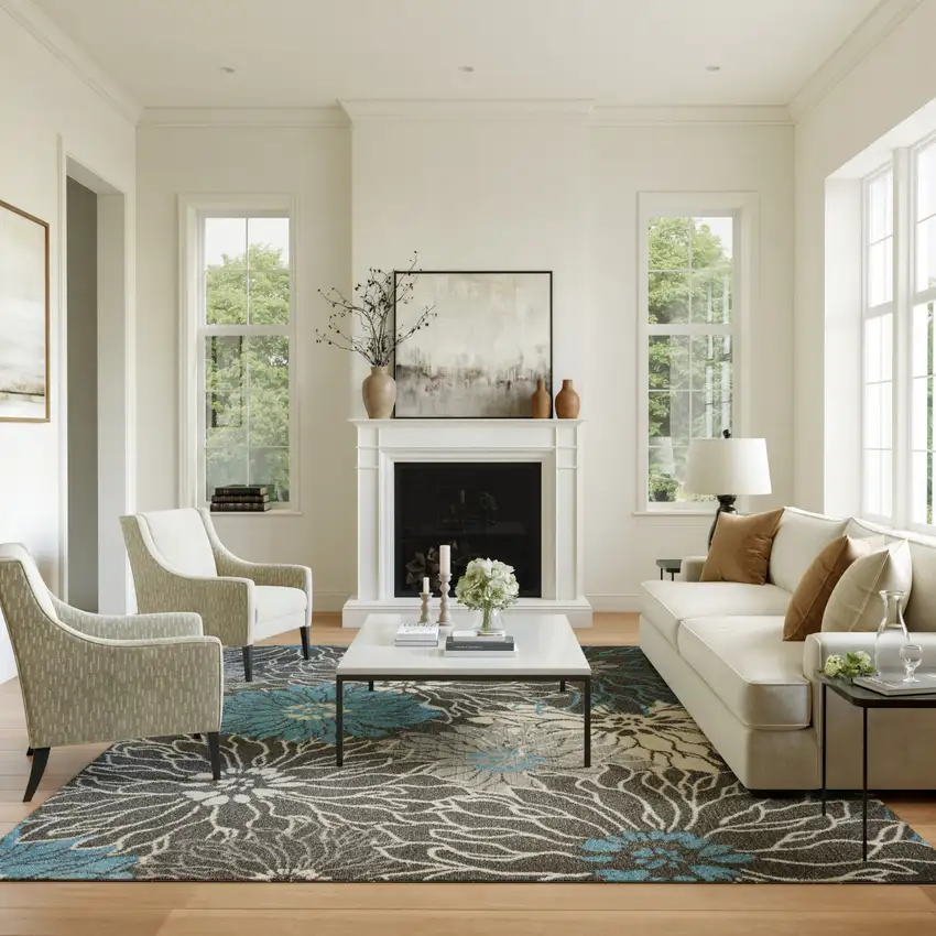 Blue And Gray Floral Area Rug Photo 4
