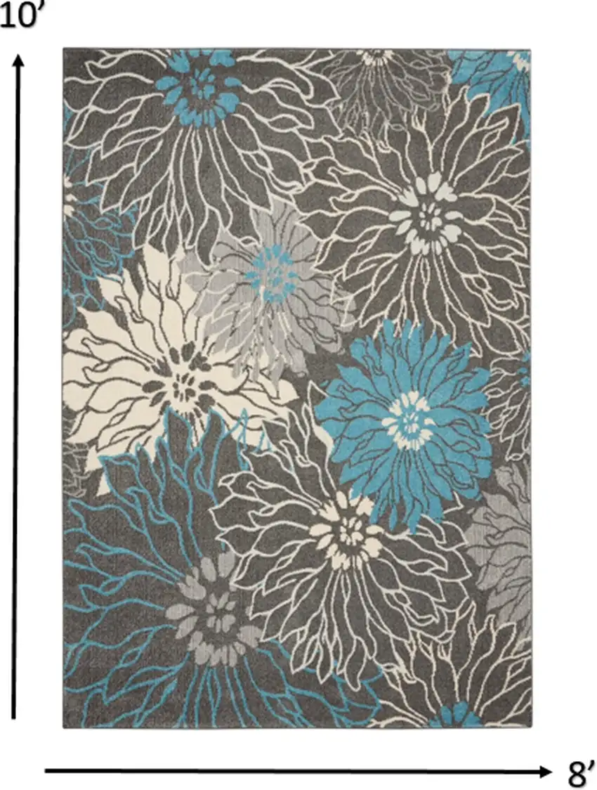 Charcoal and Blue Big Flower Area Rug Photo 5