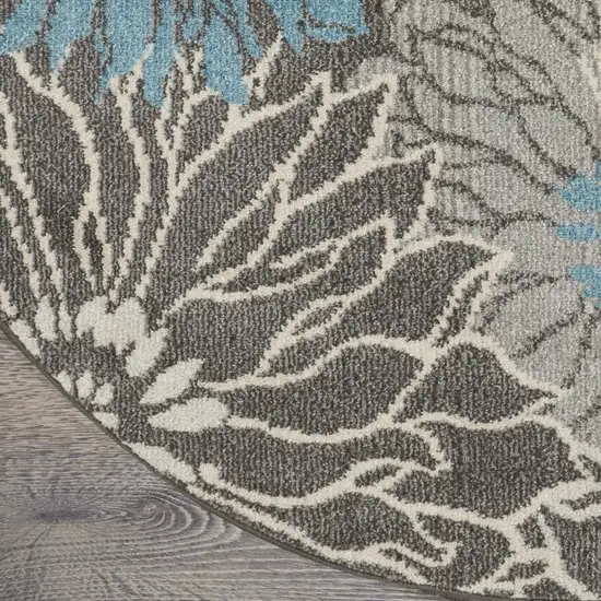 8' Blue And Gray Floral Round Rug Photo 9