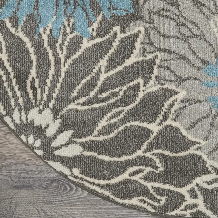8' Blue And Gray Floral Round Rug Photo 9