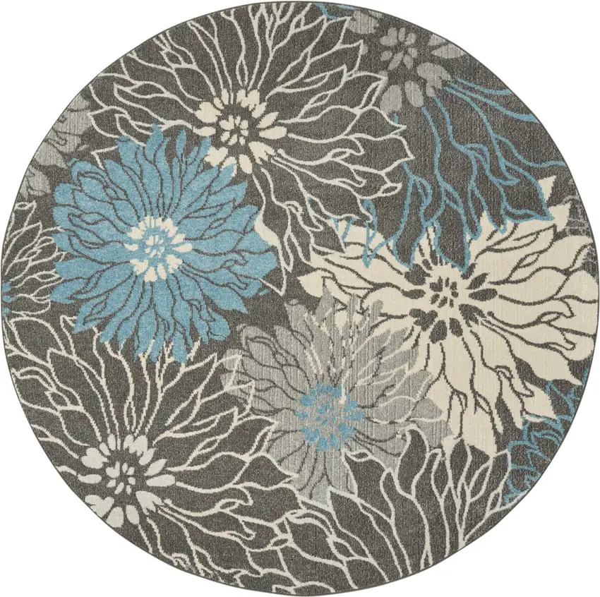 8' Blue And Gray Floral Round Rug Photo 4