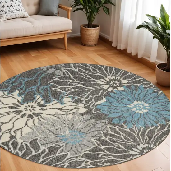 8' Blue And Gray Floral Round Rug Photo 2