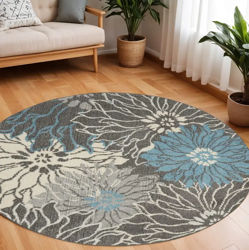 8' Blue And Gray Floral Round Rug Photo 2