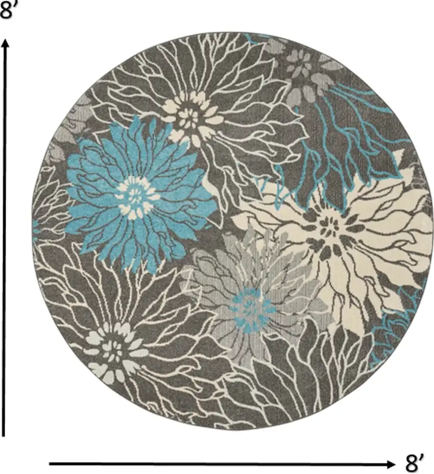 Charcoal and Blue Big Flower Area Rug Photo 4