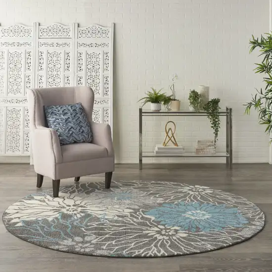 8' Blue And Gray Floral Round Rug Photo 5