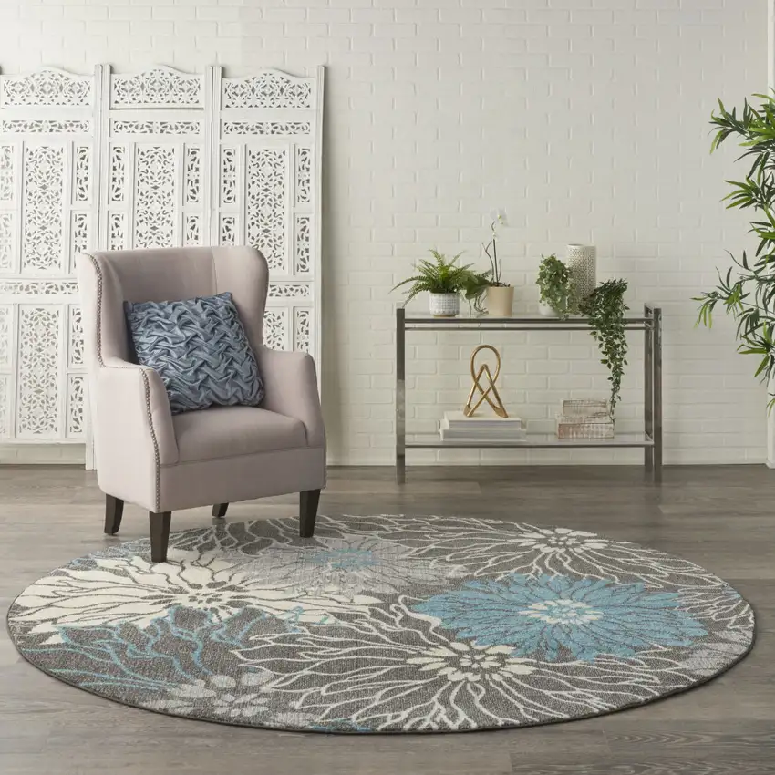 8' Blue And Gray Floral Round Rug Photo 5