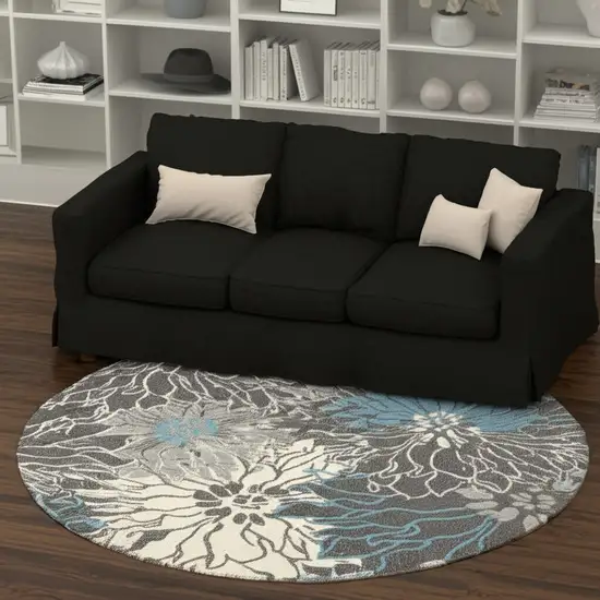 8' Blue And Gray Floral Round Rug Photo 2