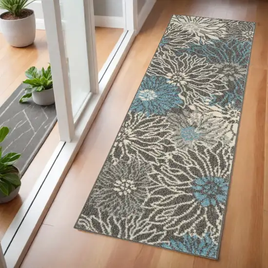 6' Blue And Gray Floral Runner Rug Photo 2