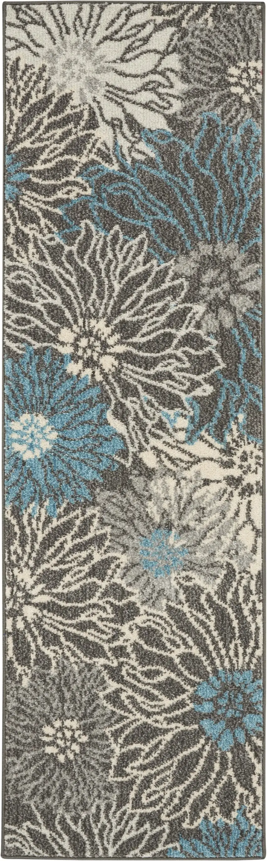 Charcoal and Blue Big Flower Runner Rug Photo 1