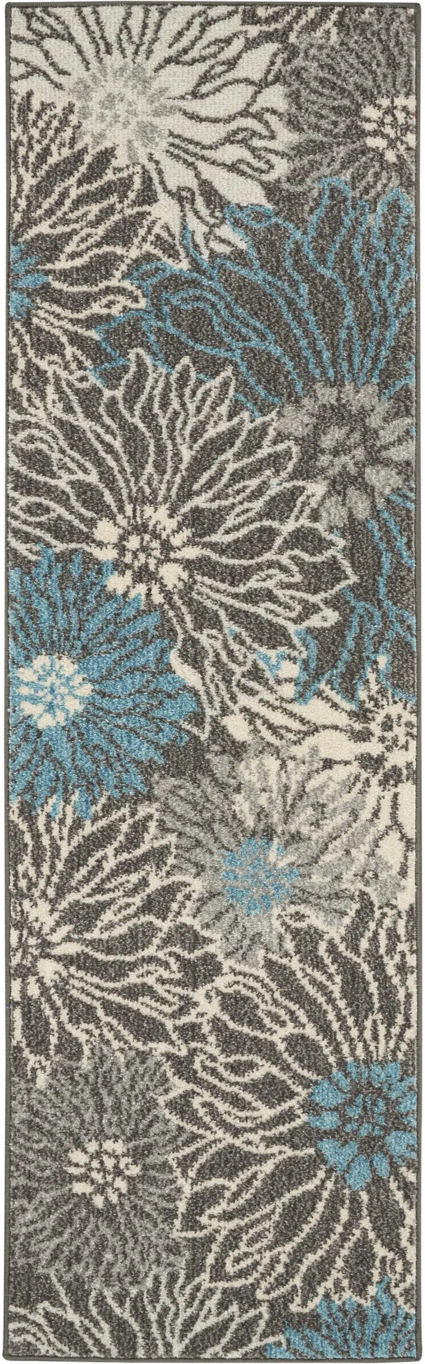 6' Blue And Gray Floral Runner Rug Photo 1