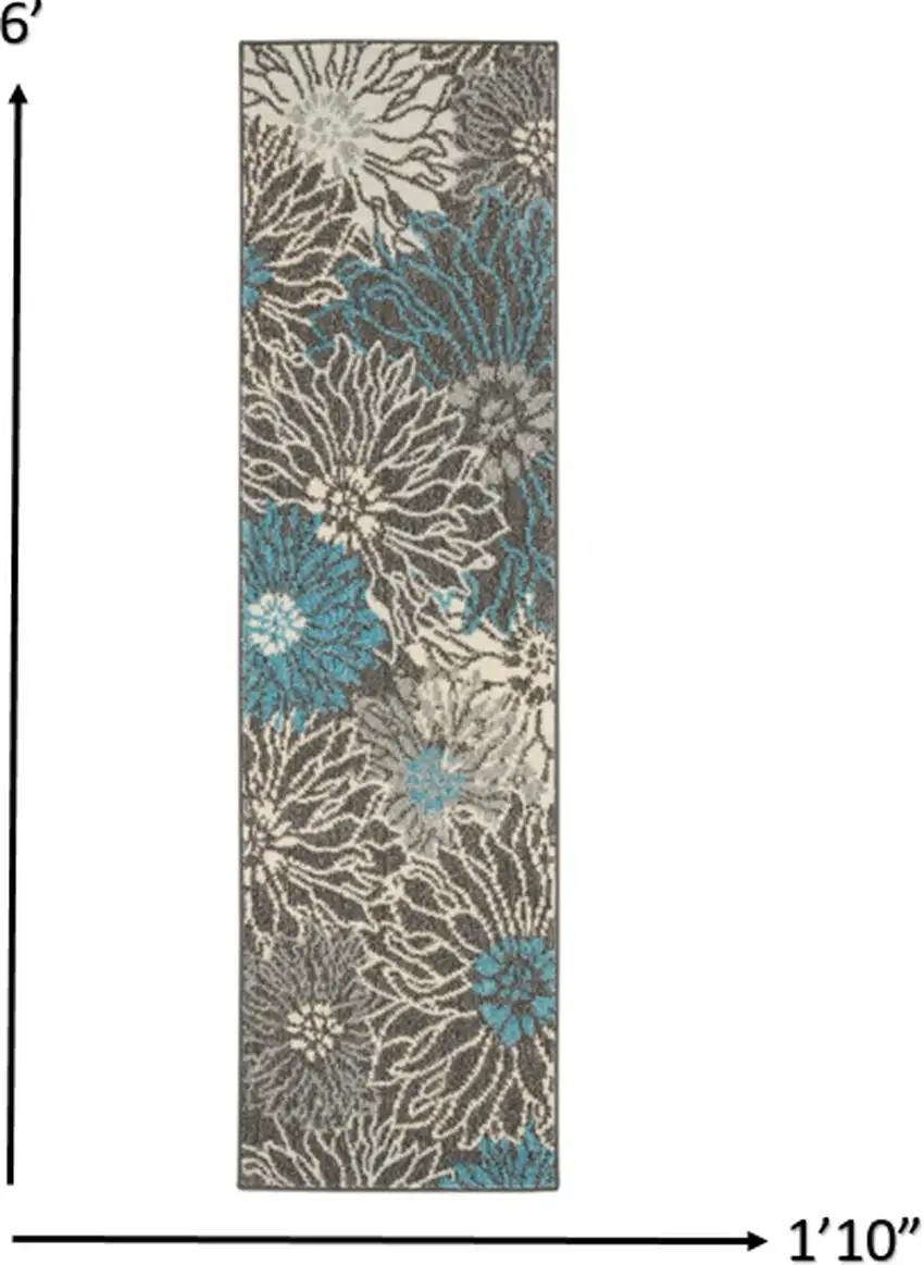 Charcoal and Blue Big Flower Runner Rug Photo 4