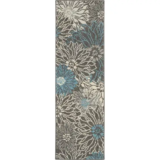 6' Blue And Gray Floral Runner Rug Photo 8