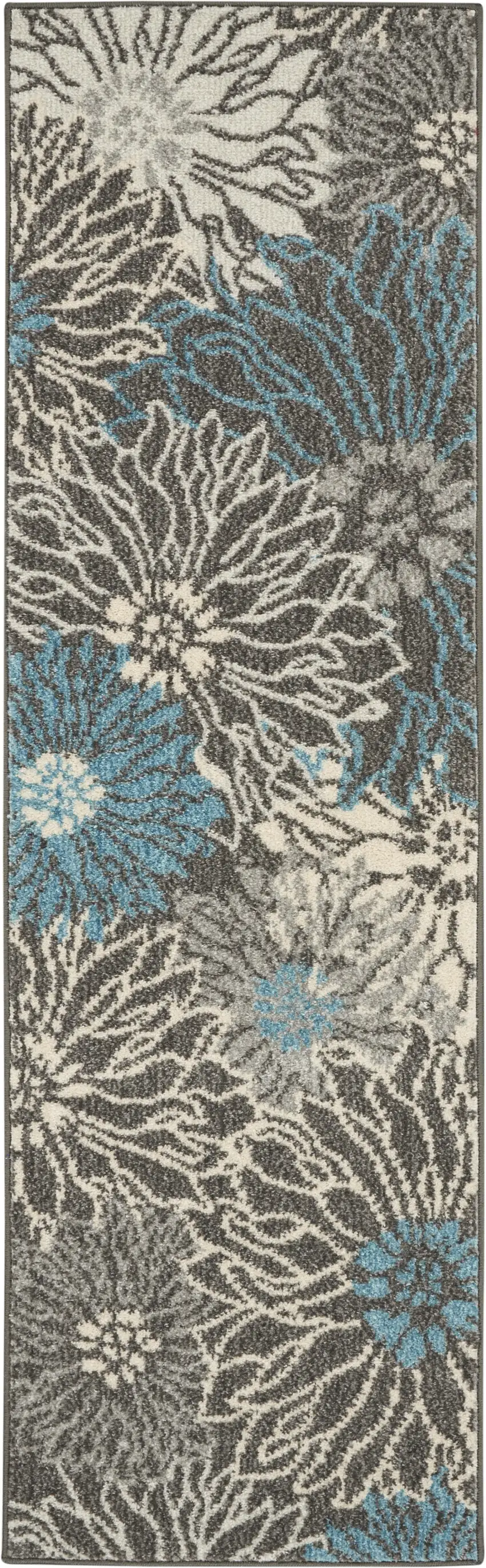 6' Blue And Gray Floral Runner Rug Photo 8