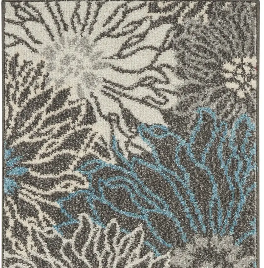 6' Blue And Gray Floral Runner Rug Photo 4