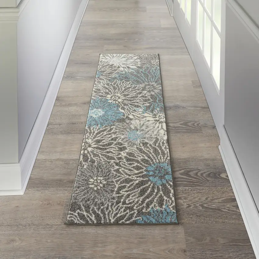 6' Blue And Gray Floral Runner Rug Photo 3
