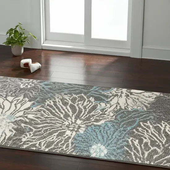 6' Blue And Gray Floral Runner Rug Photo 2