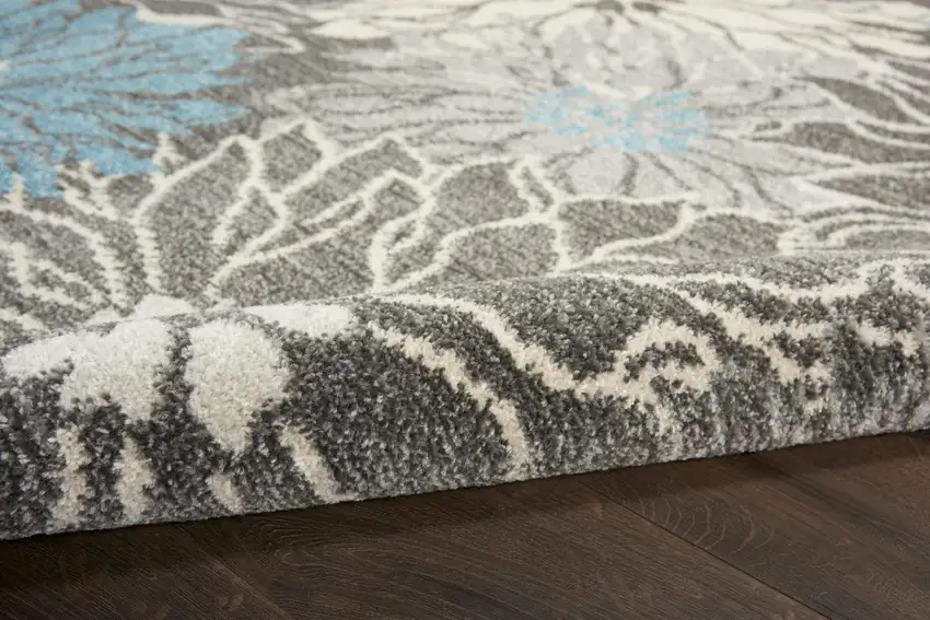 Charcoal and Blue Big Flower Runner Rug Photo 3