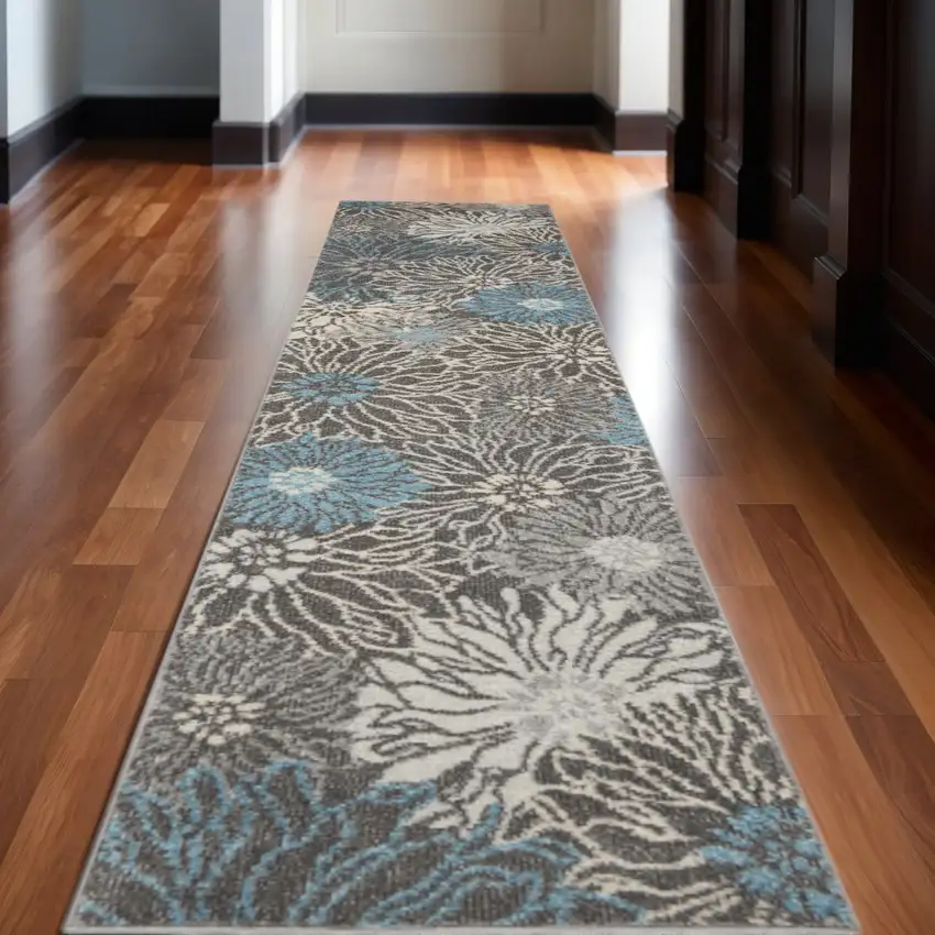 10' Blue And Gray Floral Runner Rug Photo 2
